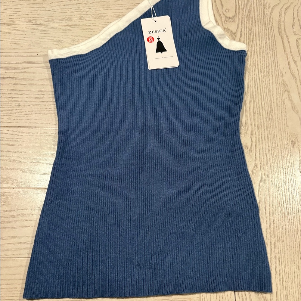 Zesica Blue One-Shoulder Top,   Medium 

New with Tags